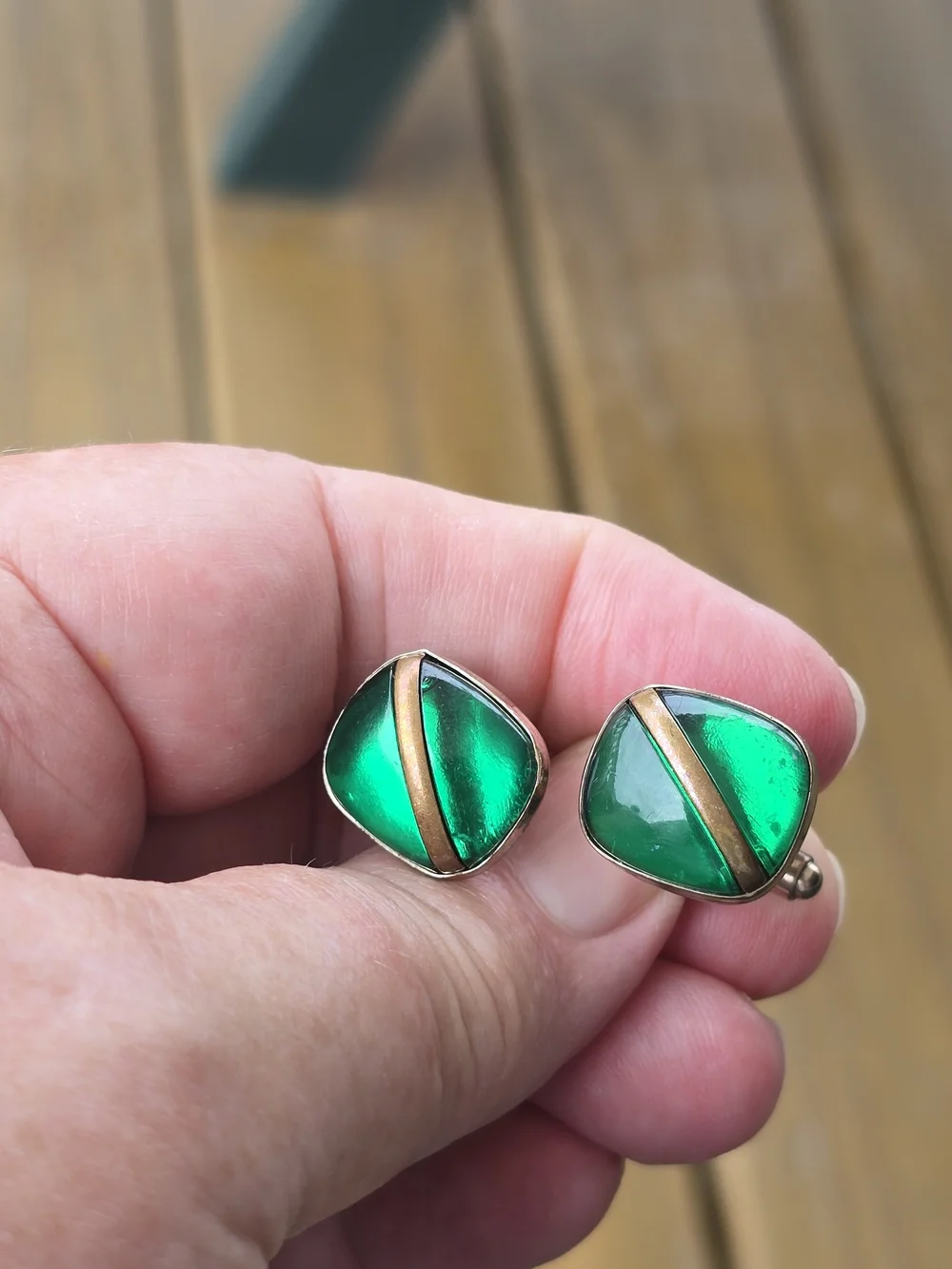 Mens Cuff Links Antique Green Glass and Gold Accent